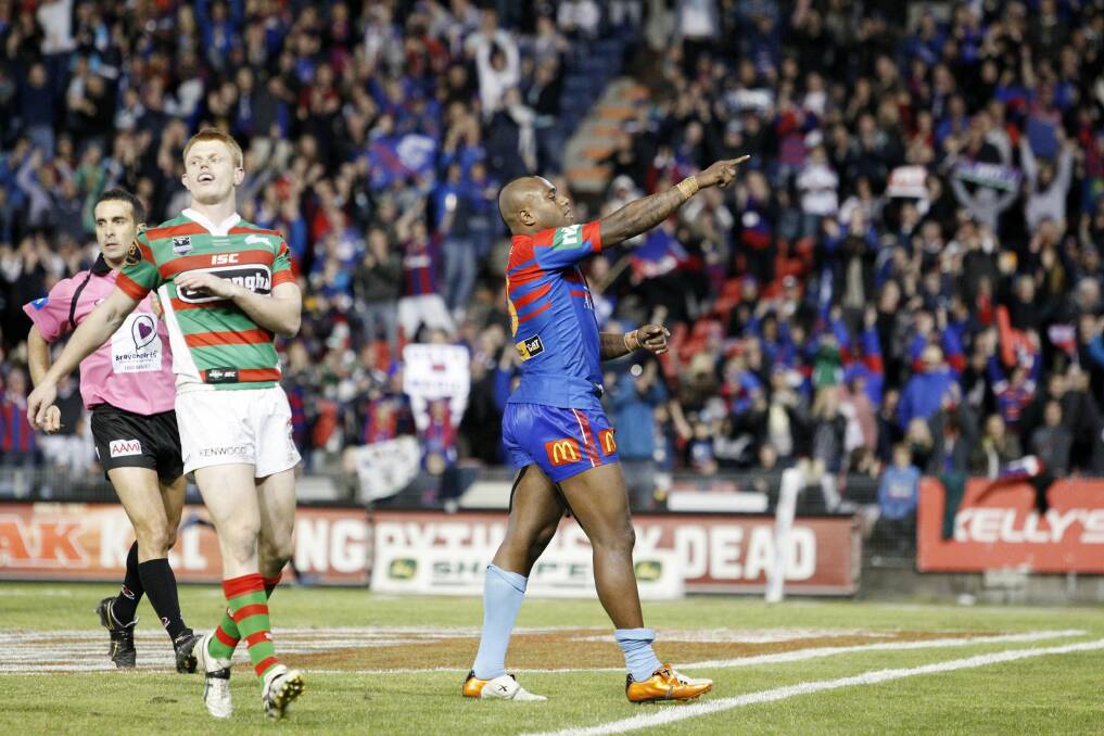 Uate celebrating a try during the 40-24 win over South Sydney in 2011. Picture by Ryan Osland