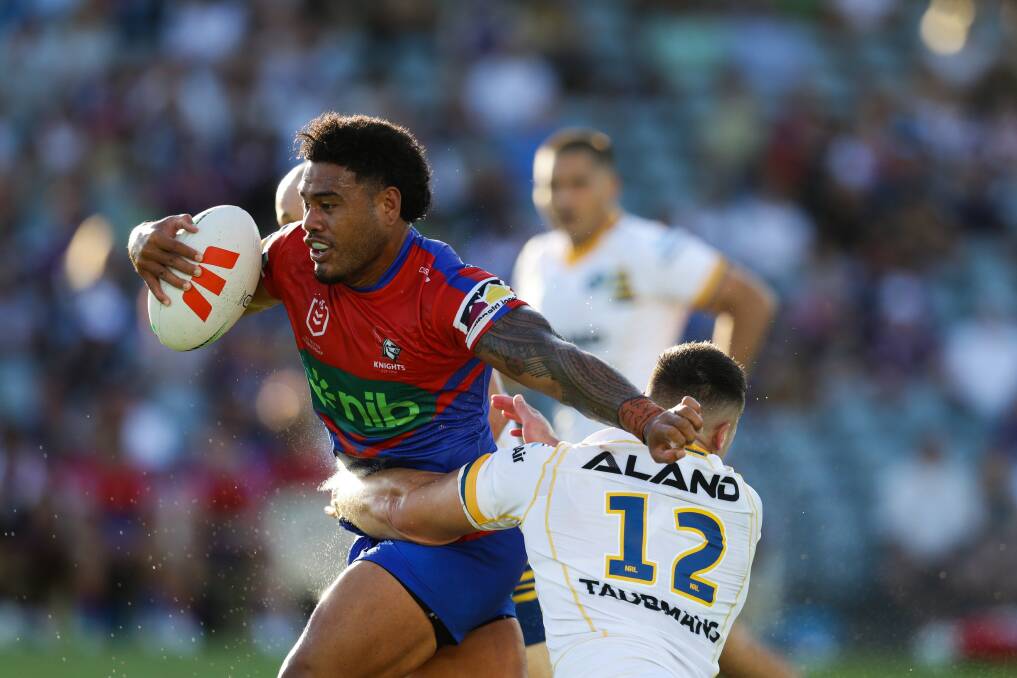 Knights winger Greg Marzhew takes a run in Newcastle's 36-14 trial loss to Parramatta. Picture by Jonathan Carroll