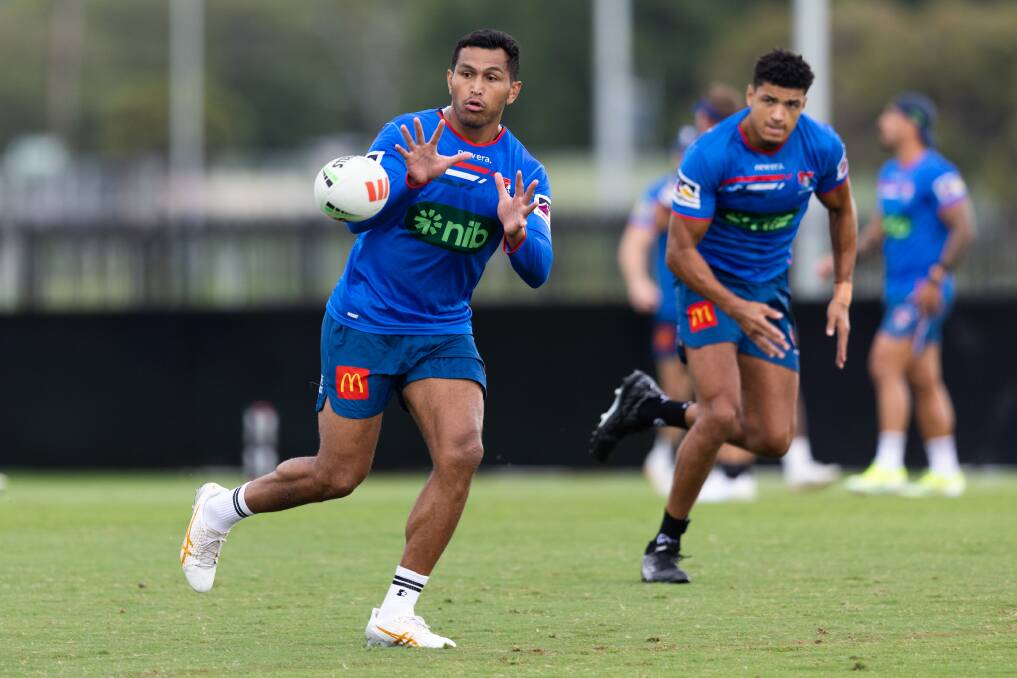 Daniel Saifiti, left, and Kai Pearce-Paul, right, at training earlier this week. Picture by Jonathan Carroll