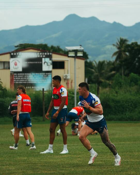 Pearce-Paul, centre, training in Fiji. Picture Newcastle Knights 