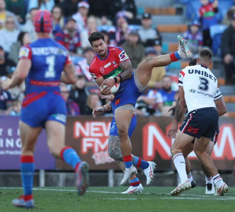 Enari Tuala catches a bomb during Newcastle's 18-16 loss to Sydney Roosters at McDonald Jones Stadium on Saturday. Picture Getty Images