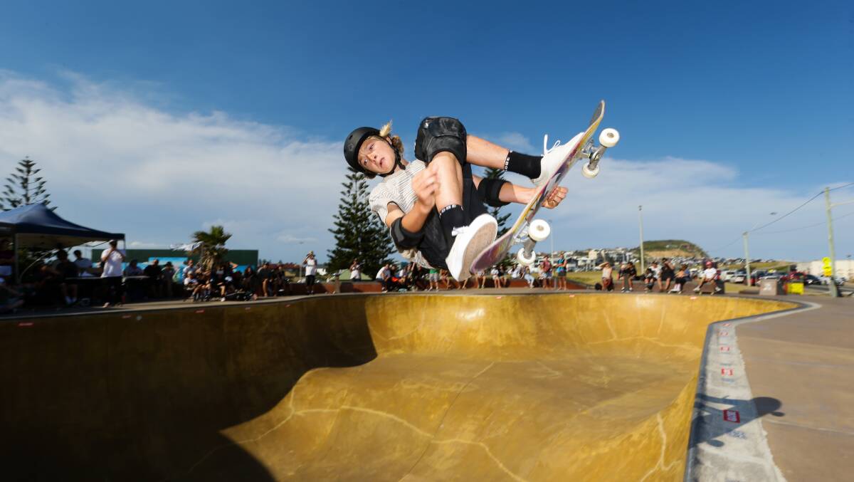 FLYING HIGH: Jedd McKenzie at his beloved Bar Beach bowl. Picture: Jonathan Carroll