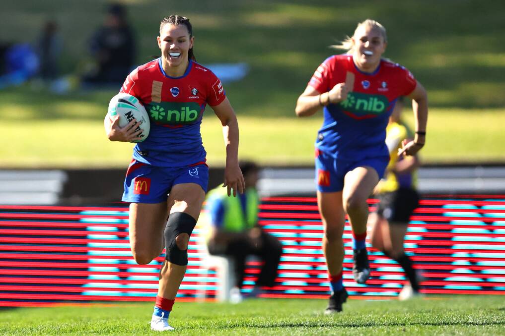 Shanice Parker races in for her first NRLW try at Belmore on Sunday. Picture Getty Images