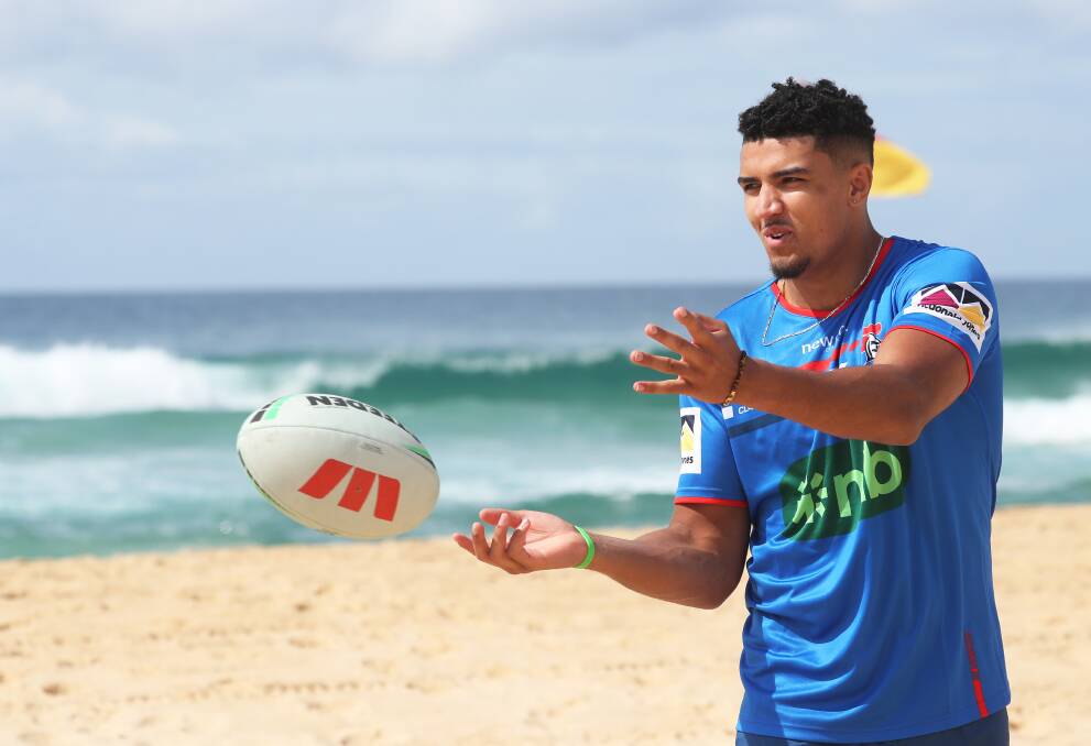 Kai Pearce-Paul, who has joined the Knights for the next two seasons, at Dixon Park beach on Friday. Picture by Peter Lorimer 