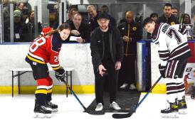 Nathan Walker makes a ceremonial puck drop during the under-15s finals. Picture supplied
