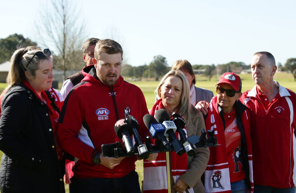 Hixon reading a club statement to the media at Rose Point Park following the crash. Picture by Simone De Peak