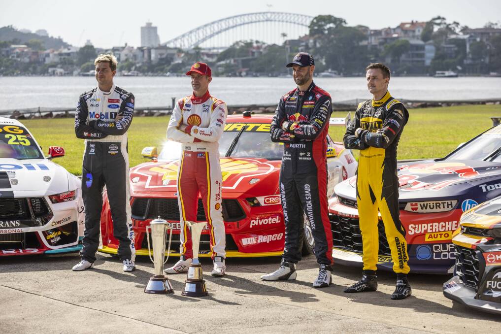 Chaz Mostert, far left, and Shane van Gisbergen, second from right, launching the 2023 Championship in Sydney. Picture supplied 
