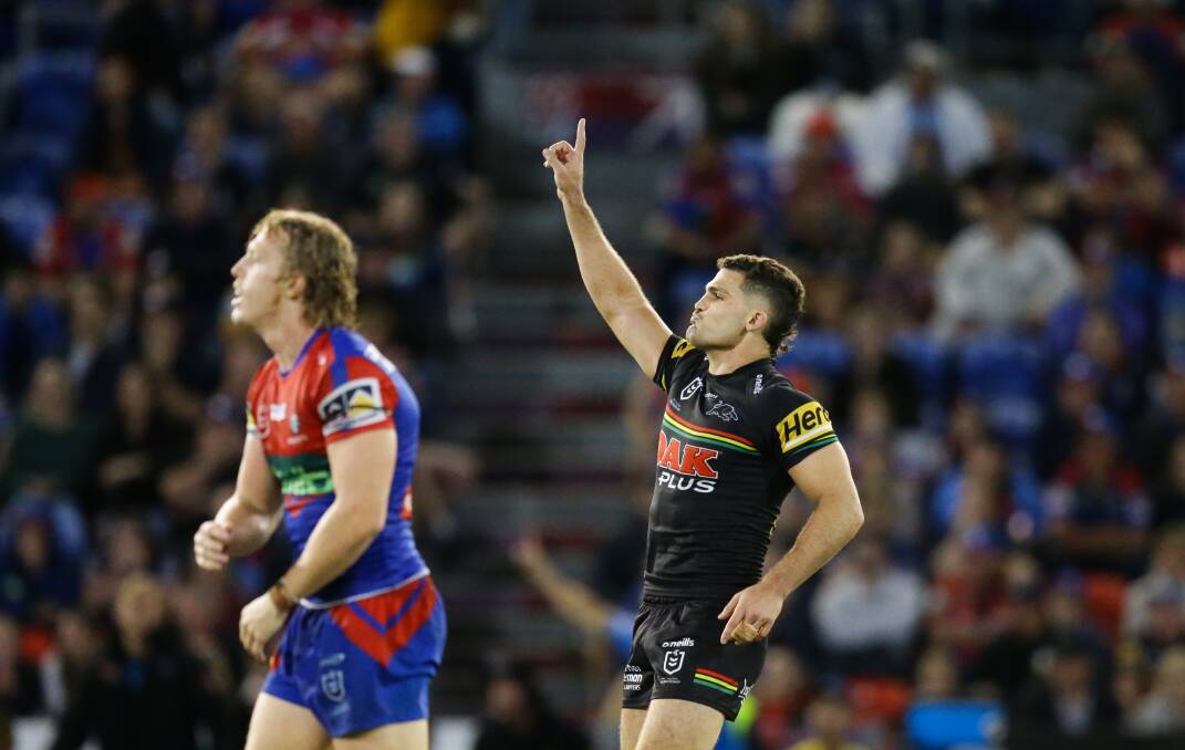Nathan Cleary iced Penrith's 16-15 win over Newcastle in round seven of the 2023 NRL season. Picture by Jonathan Carroll 