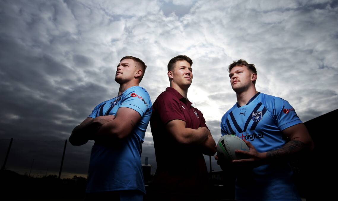 JUNIOR REPS: Oryn Keeley, Paul Bryan and Max Bradbury in their respective State of Origin kits. The Knights lower-grade players faced off in the under-19s match in Sydney last week. They will complete an NRL preseason this summer. Picture: Simone De Peak