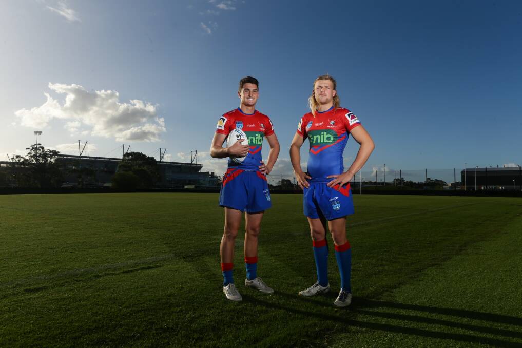 Newcastle Knights Harold Matthews captain Connor Votano, left, with SG Ball skipper Myles Martin ahead of their grand finals at Leichhardt Oval on Saturday. Picture by Jonathan Carroll 