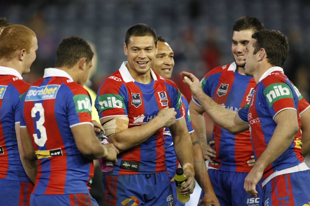 Tahu, centre, in 2012 during his second stint at the Knights. Picture by Jonathan Carroll
