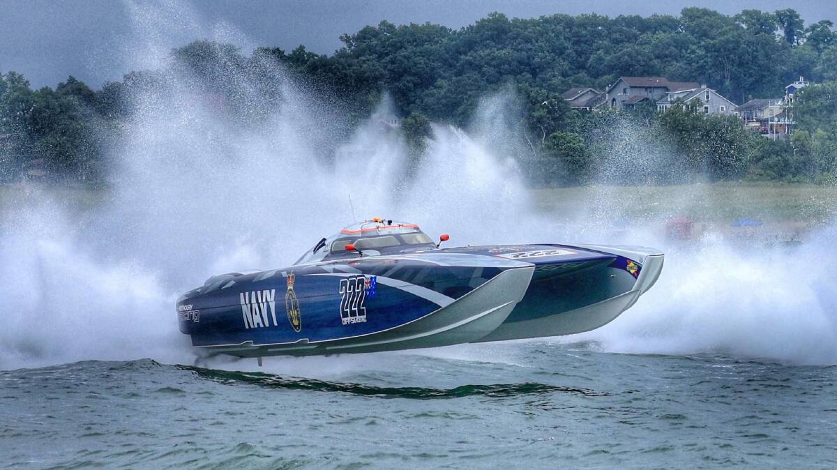 The Nicholson team's 222 offshore powerboat on the water.