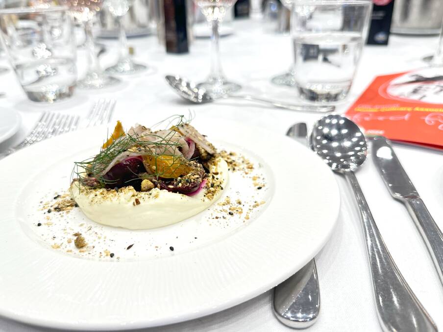 Chef Sam Alexander's winning dish from the 13th annual Hunter Culinary Association Food Fight; smoked beetroot on a bed of whipped ricotta with sumac pickled onions, pomegranate molasses and dukkah. Picture by Simon McCarthy