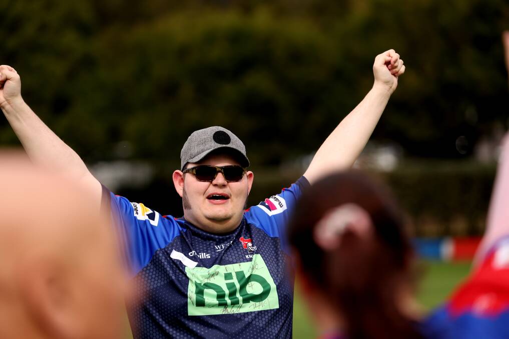 Jake Evans celebrates at training at Friday's Game Changer workshop under the guidance of NRL stars Adam and Millie Elliott. Picture by Peter Lorimer