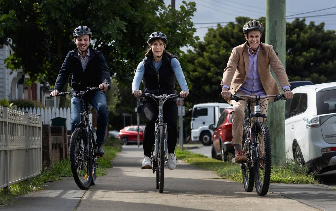 Deputy lord mayor Declan Clausen, transport minister Jo Haylen and Newcastle MP Tim Crakanthorp were in Islington on Saturday, June 22, to announce plans for a cycleway link to connect the suburb to Mayfield. Public consultation begins on Monday, June 24. Picture by Marina Neil