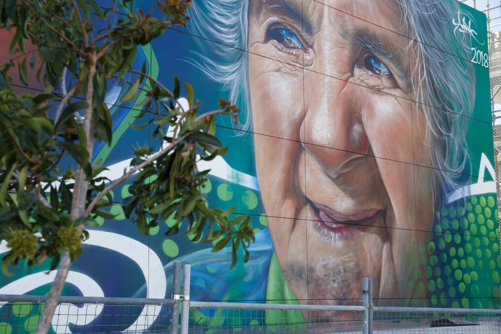 Thirrilmun by artist Matt Last, better known as Adnate at the Newcastle Interchange has been covered up as NSW Transport work to refurbish it after it was defaced by vandals. File picture.