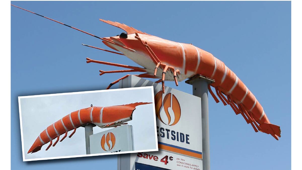 The Big Prawn in happier times, and inset, the forlorn scene now at Crangan Bay.