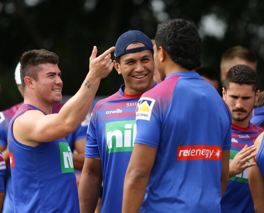 Are the Knights really offering up star players Bradman Best, left, and Daniel Saifiti, centre, to rivals ... if the price is right? Picture by Jonathan Carroll 