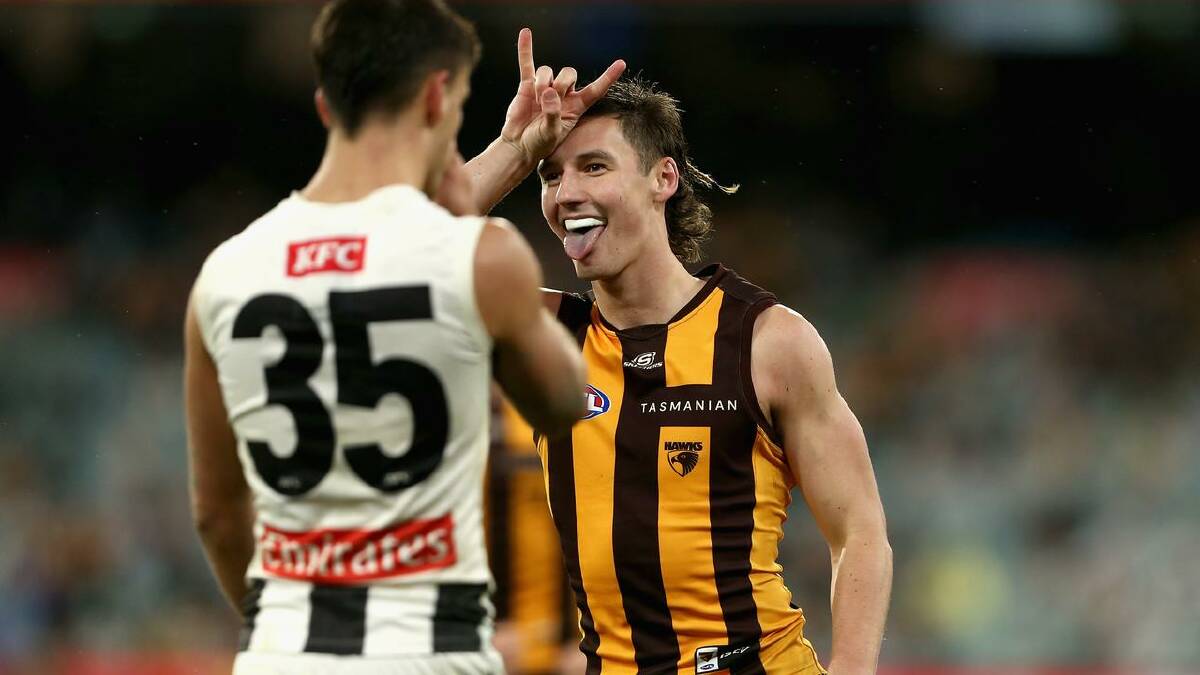 Jack Scrimshaw enjoys Hawthorn's impressive win over Collingwood in front of Nick Daicos. (Rob Prezioso/AAP PHOTOS)