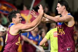 Brisbane's Cam Rayner (left) and Eric Hipwood seem to have rediscovered their goalkicking form. (Darren England/AAP PHOTOS)