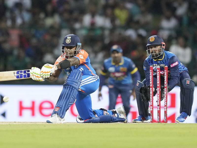 New India 20 captain Suryakumar Yadav plays a shot during his winning start against Sri Lanka. Photo: AP PHOTO