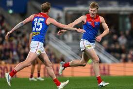 Melbourne's makeshift ruck options Jacob van Rooyen (right) and Harrison Petty were outclassed. Photo: Darren England/AAP PHOTOS