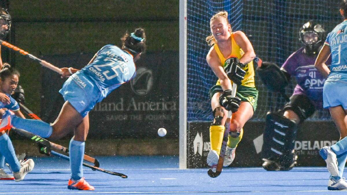 Alice Arnott defends during a 2023 international against India in Adelaide. (Brenton Edwards/AAP PHOTOS)