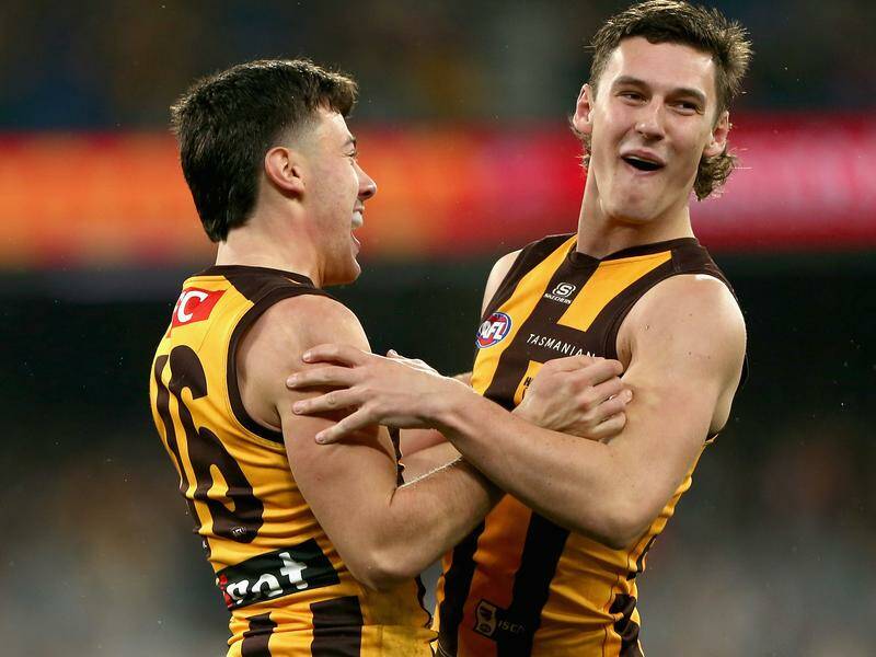 Massimo D'Ambrosio (L) and Connor Macdonald (R) celebrate during Hawthorn's win over Collingwood. Photo: Rob Prezioso/AAP PHOTOS