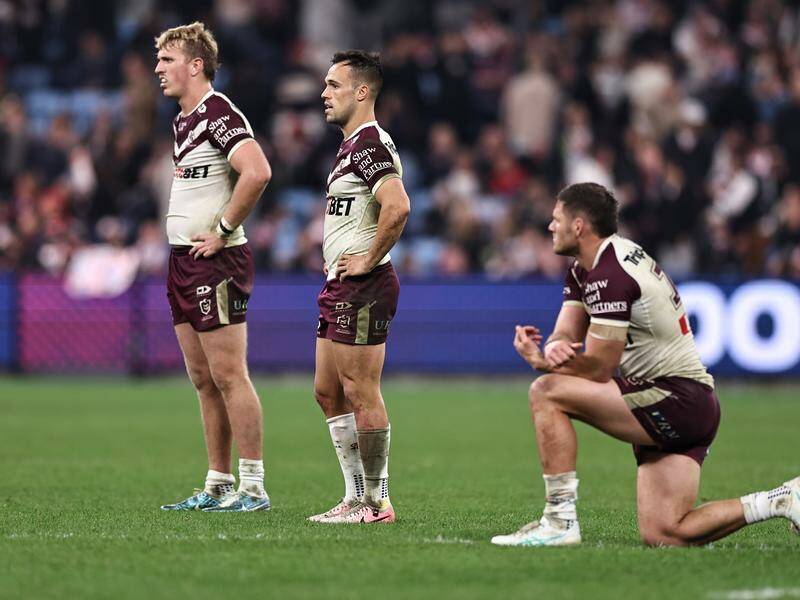 Sea Eagles players, depleted by NRL concussion protocols, ponder their defeat at Sydney. Photo: Mark Evans/AAP PHOTOS