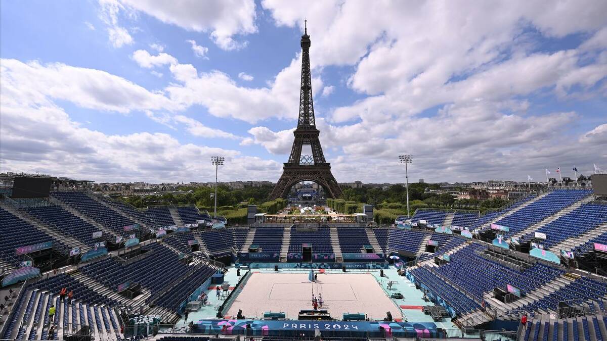 Paris has chosen a backdrop like no other for the Olympic beach volleyball tournament. (Dave Hunt/AAP PHOTOS)