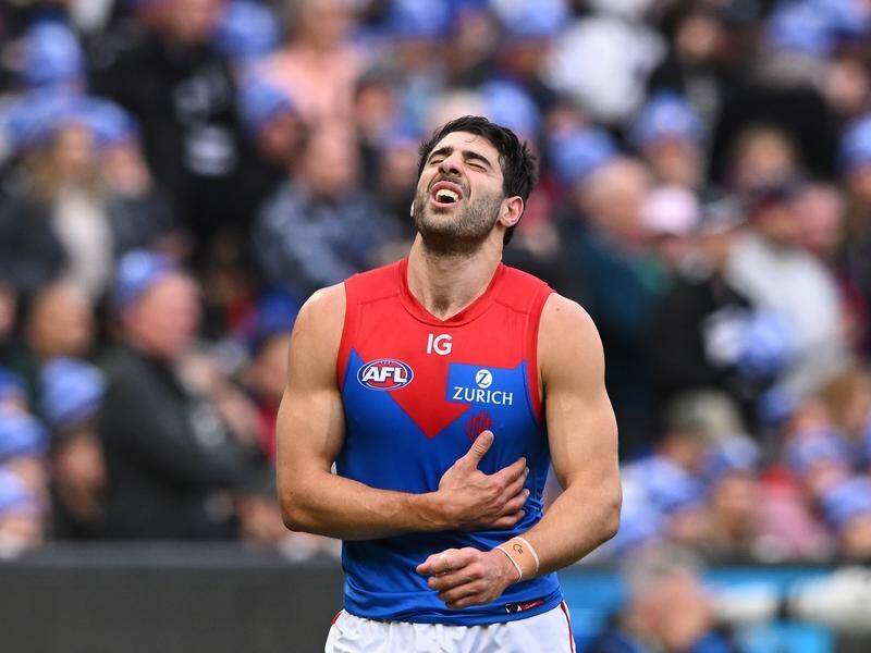 Melbourne star Christian Petracca when seriously hurt in round 13. (James Ross/AAP PHOTOS)