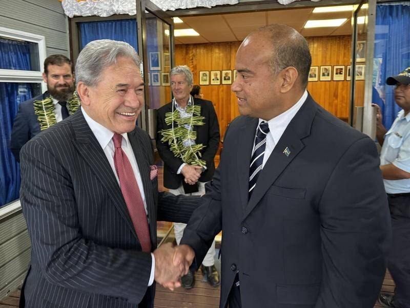 President David Adeang with NZ Deputy Prime Minister Winston Peters following talks in Nauru. (Ben McKay/AAP PHOTOS)