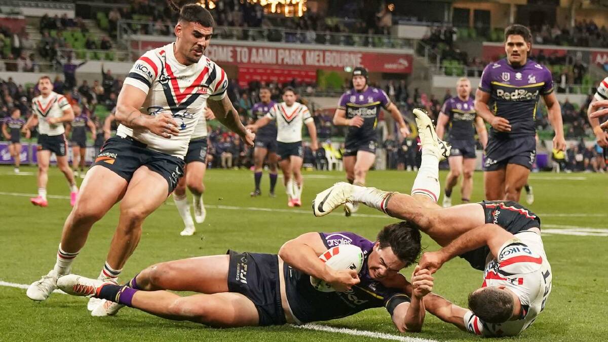 Jack Howarth scores a try for the Storm. (Scott Barbour/AAP PHOTOS)