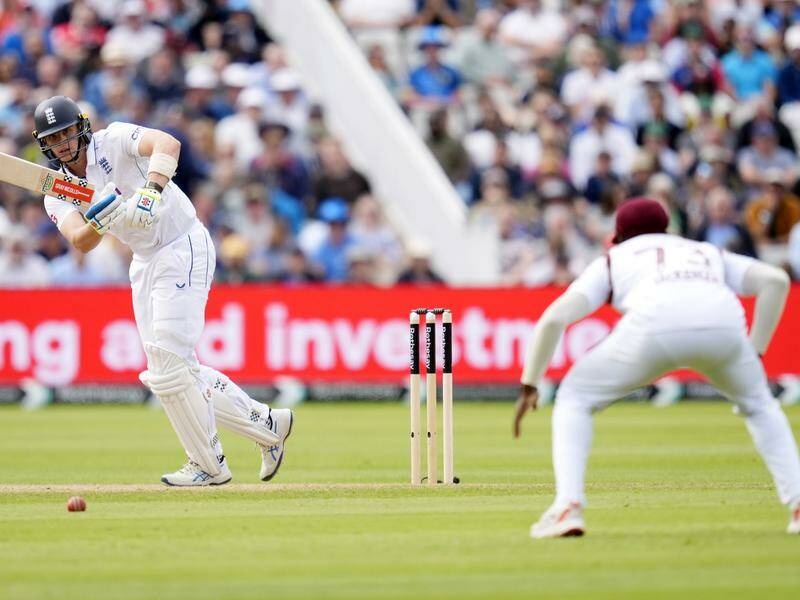 England's Jamie Smith drives for four as he adds to West indies' problems in the third Test. Photo: AP PHOTO