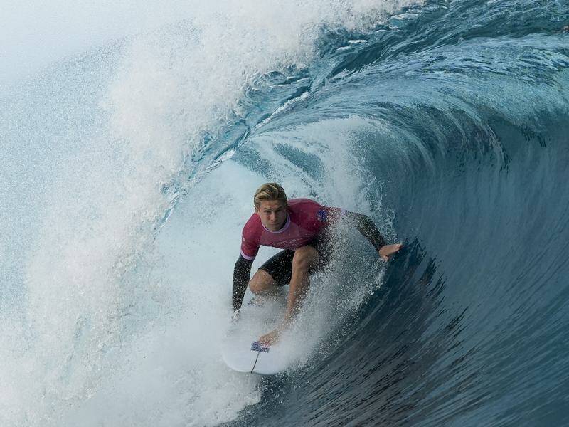 Australian surfer Ethan Ewing in first round action of the Olympic surfing in Tahiti. Photo: AP PHOTO