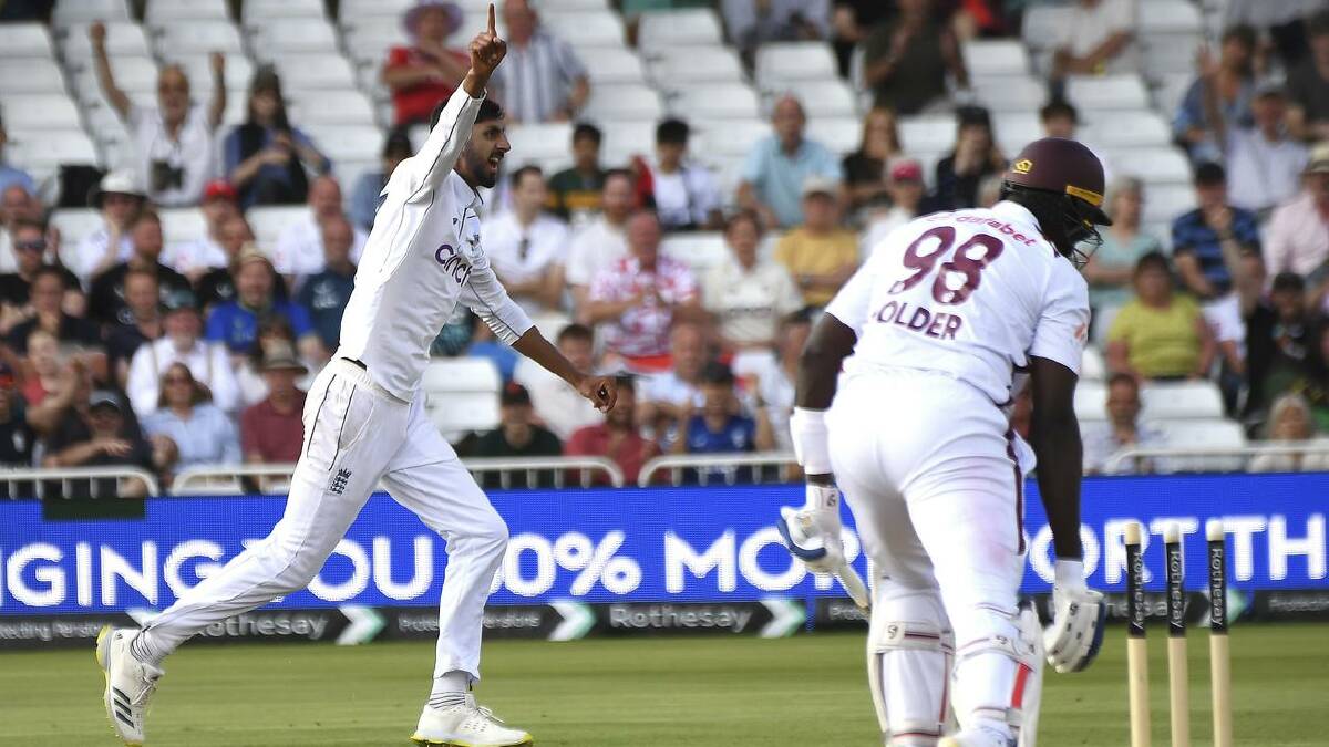 England's Shoaib Bashir celebrates the wicket of Jason Holder in his match-winning spell. (AP PHOTO)