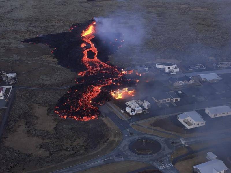 January's volcanic eruption in Iceland destroyed dozens of buildings in Grindavik. (AP PHOTO)