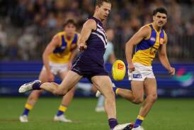 Dockers superstar Nat Fyfe has been rubbed out for striking and will miss their Bombers clash. Photo: Richard Wainwright/AAP PHOTOS