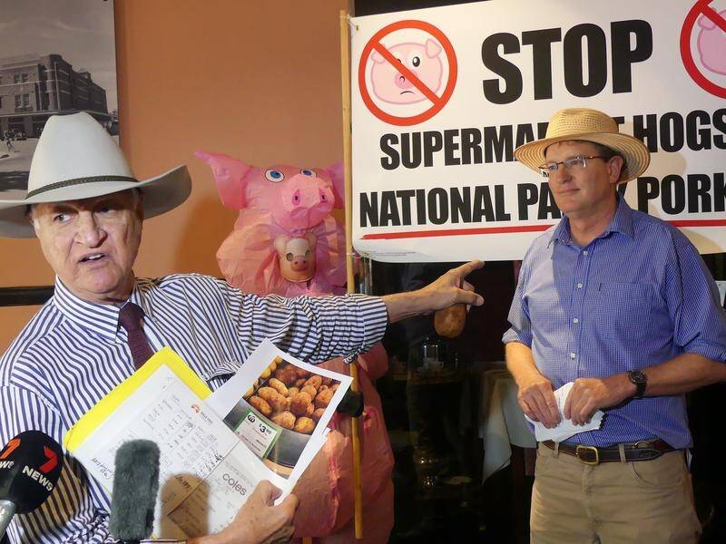 Federal MPs Bob Katter and Andrew Gee address media outside an inquiry into supermarket pricing. (Stephanie Gardiner/AAP PHOTOS)
