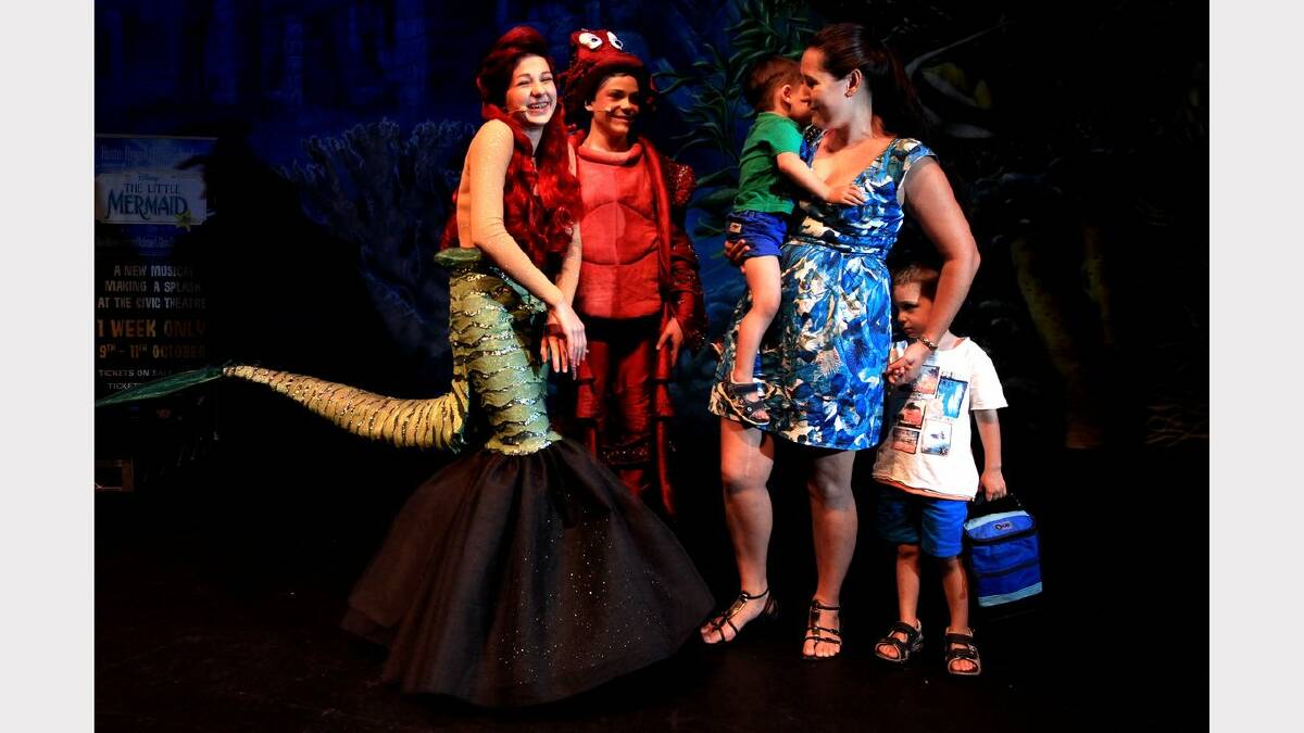 Scenes from the preview of The Little Mermaid Jr at the Civic Theatre on Tuesday.  From left Bonnie Grace McPeak and Thomas Rodgers meeting Nicole Baker of Warners Bay with Ryan Baker, 2 ,and  Ashton Baker, 4. Picture: Simone De Peak