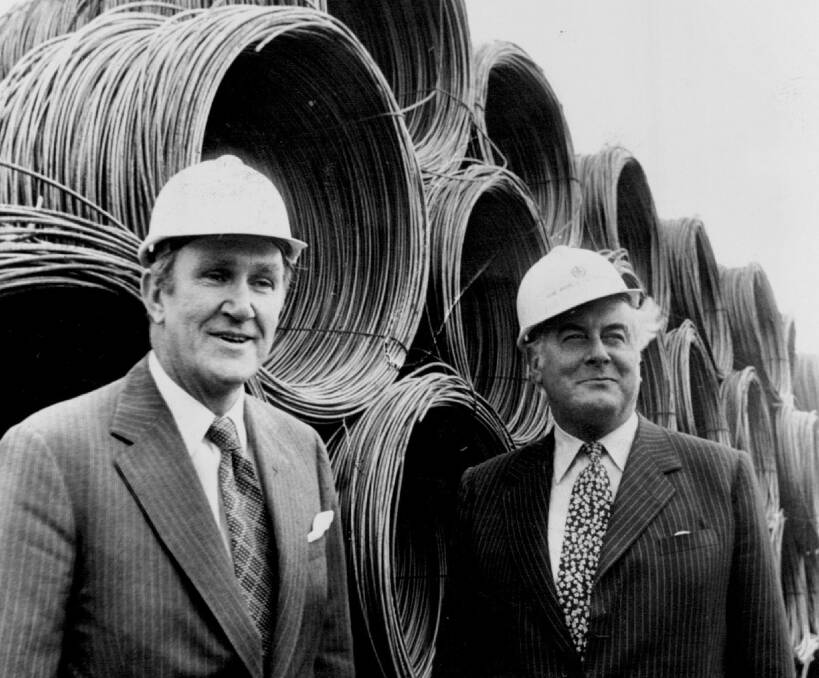 October 5, 1976: Ideological opponents who shared similar ideas later in life, Malcolm Fraser and Gough Whitlan seen here opening a BHP steel mill in Victoria.