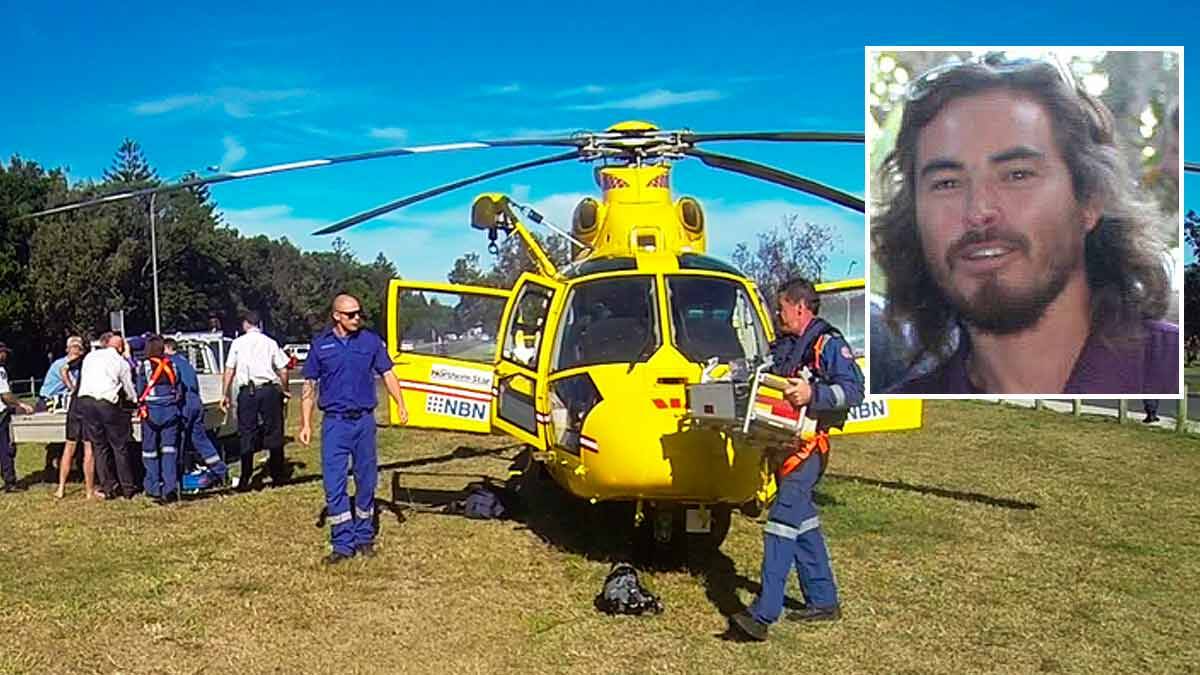 Ballina shark attack: Matt Lee, inset, adds to the growing list of shark attack victims. He was taken to hospital in a critical condition. Picture: Westpac Life Saver Rescue Helicopter/Facebook