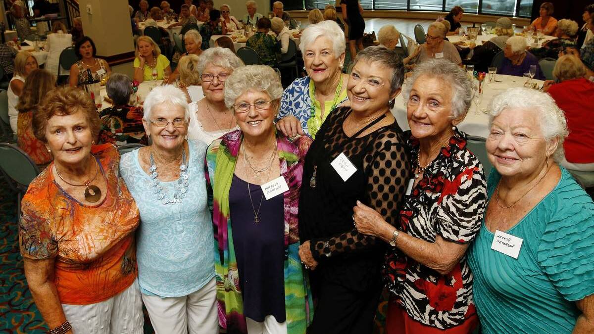GOLDEN: The original Nobbys and Cooks Hill girls at their annual get-together L-R Ann Boyd of Warners Bay (ex-Cooks Hill), Joan Gibbs of Stockton (ex- Cooks Hill), Audrey Arms of Hamilton North (ex-Nobbys), Marcia Martine of Carrington (ex-Cooks Hill), Jean Cowley of Whitebridge (ex-Nobbys), Jean Stott of Newcastle (ex-Bar Beach), Val Gibbs of Merewether (ex-Cooks Hill), and Nettie Petersen of Merewether (ex-Nobbys).  Photo by MAX MASON-HUBERS. 