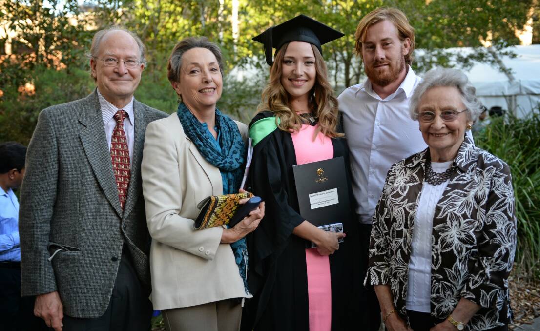 University of Newcastle Graduation. Faculty of Education and Arts. Lto R, Philip and Caroline Coleman of Sydney, Isabel Coleman and Jamie Mitchell of Stockton and Judith Coleman of Sydney. pic by Marina Neil