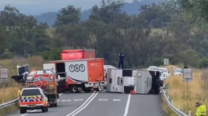 The aftermath of the three-vehicle crash on the New England Highway at Wingen in April this year. Picture by NBN News 