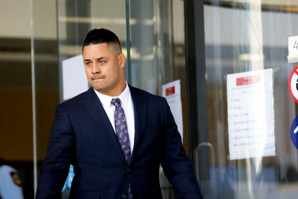 Jarryd Hayne leaves Newcastle courthouse during his first trial in 2020. Picture by Jonathan Carroll