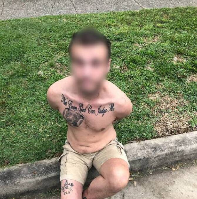 ARREST: Zac Rolls-Fitzgerald after his arrest at Elermore Vale in March. He pleaded guilty to armed robbery and is already serving time for an attempted home invasion. 
