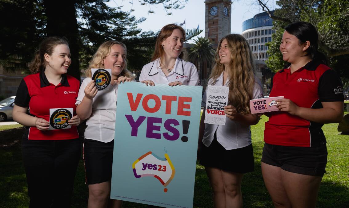 Cooks Hill Campus students Matilda Marchant, 16, Crystal Leigh, 17, Rosie Tattam, 18, Lily Vodic Senior, 16 and Kayla McKenzie, 18 want Australia to vote yes to the Voice. Picture by Marina Neil