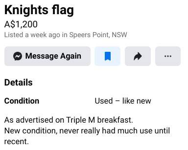 The asking price for the Newcastle Knights flag.