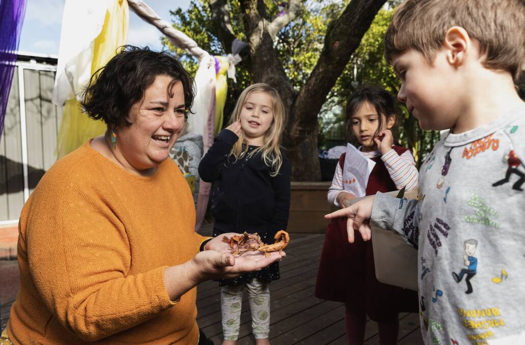 Hamilton Childcare Centre's Bannaua Brown shows Sophie, Jean and Rhys a stick insect. Picture by Marina Neil